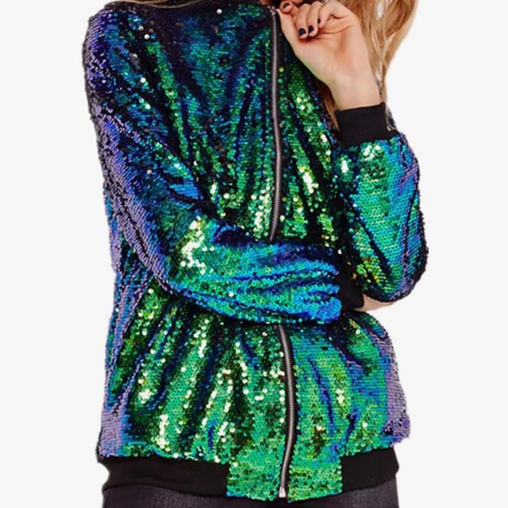 Iridescent Sequin Bomber Jacket - Green/Blue